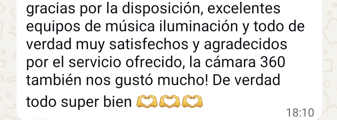 Captura de una opinión sobre equipos de música, iluminación y cámara 360